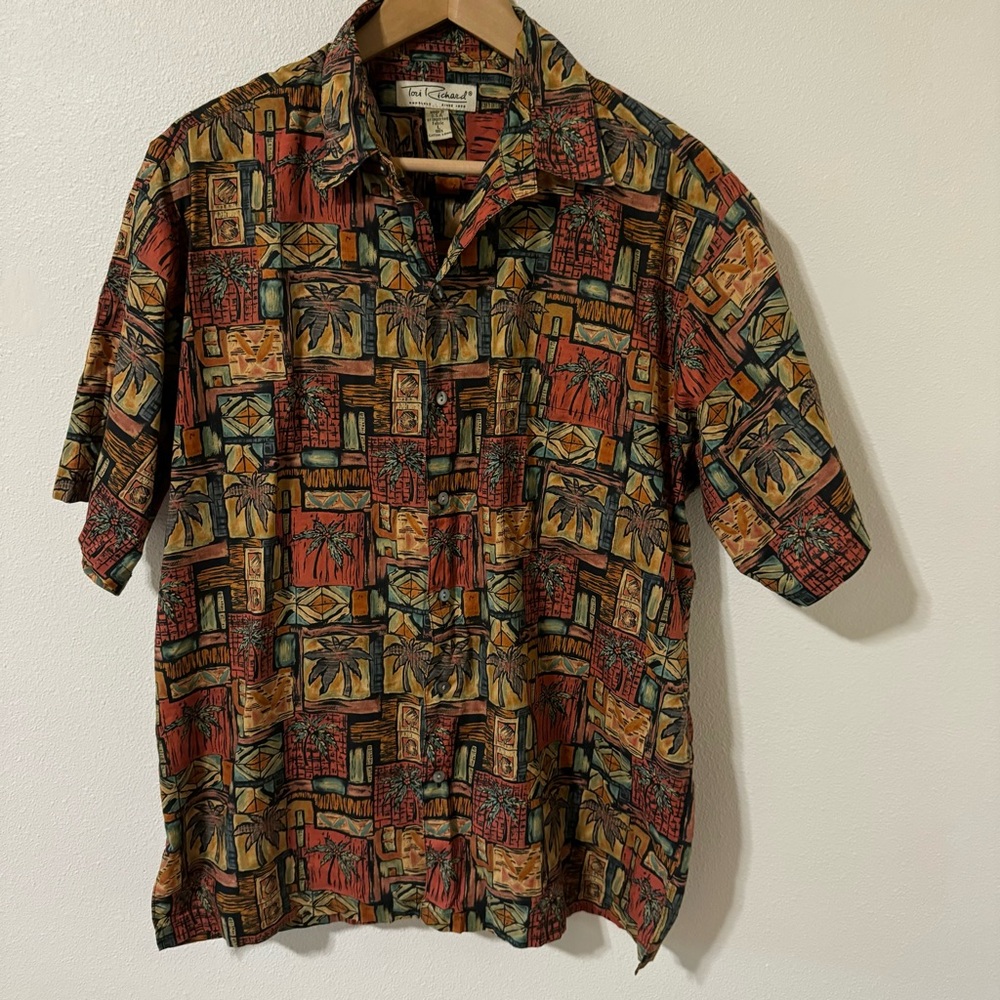 Vintage Tori Richard Cotton Lawn Hawaiian Aloha Shirt Rust Green Palm Tree USA-L